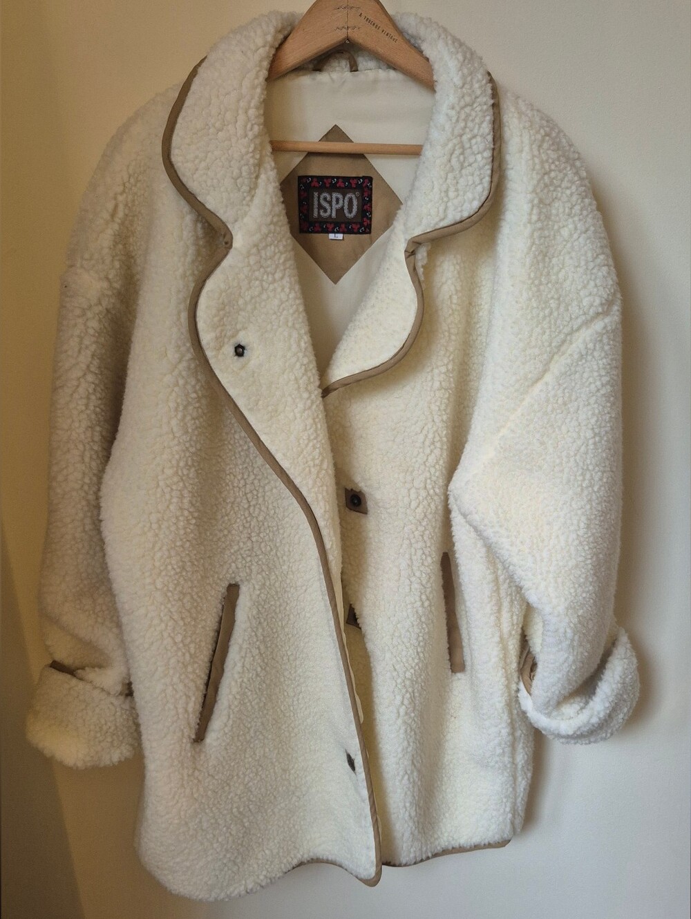 ISPO Vintage Oversized Cream Sherpa Fleece Button Coat Jacket L Retro 90s Teddy